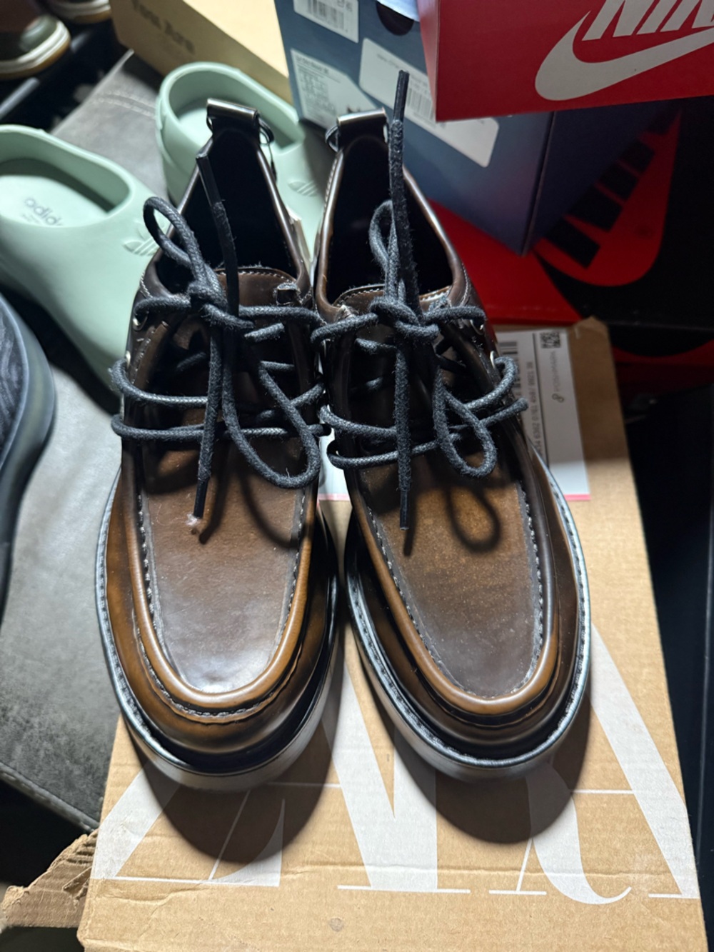 Zara Brown Leather Lace-Up Platform Oxfords - Picture 3 of 5